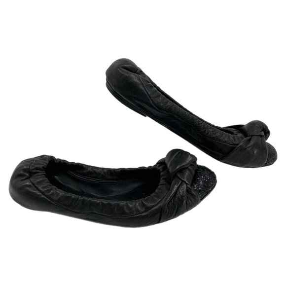 Tory Burch Black Leather Knot Glitter Accent Flats | Size 8 - Picture 1 of 7